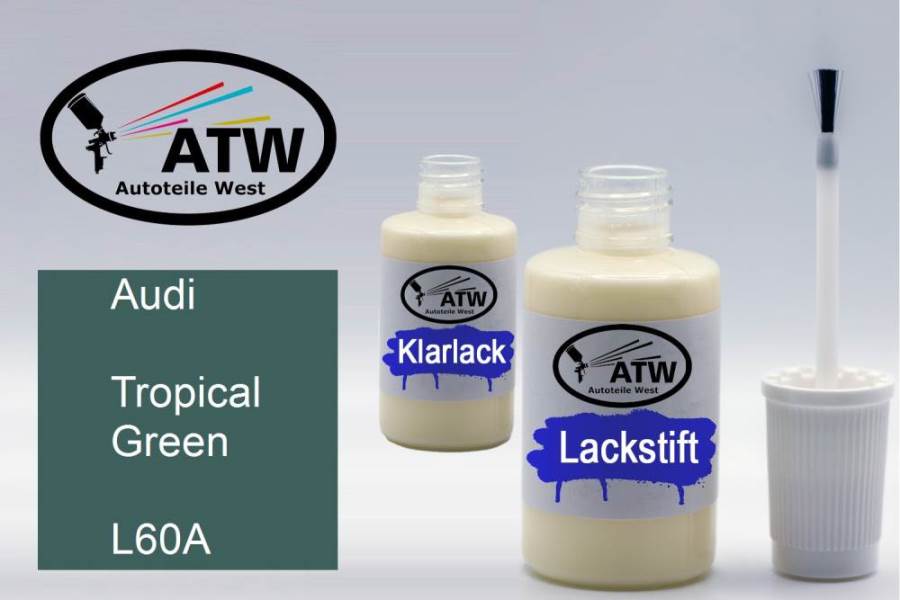 Audi, Tropical Green, L60A: 20ml Lackstift + 20ml Klarlack - Set, von ATW Autoteile West.